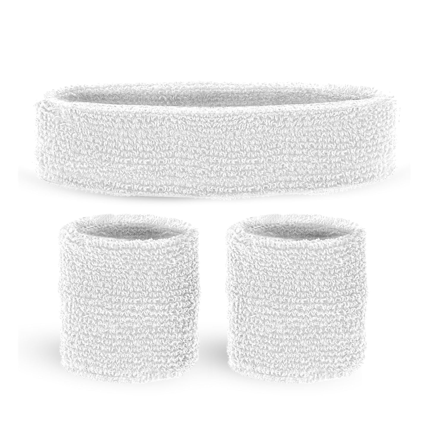 "WEIßE SCHWEIßBÄNDER" (Stirnband und 2 Armbänder) – Vorderansicht