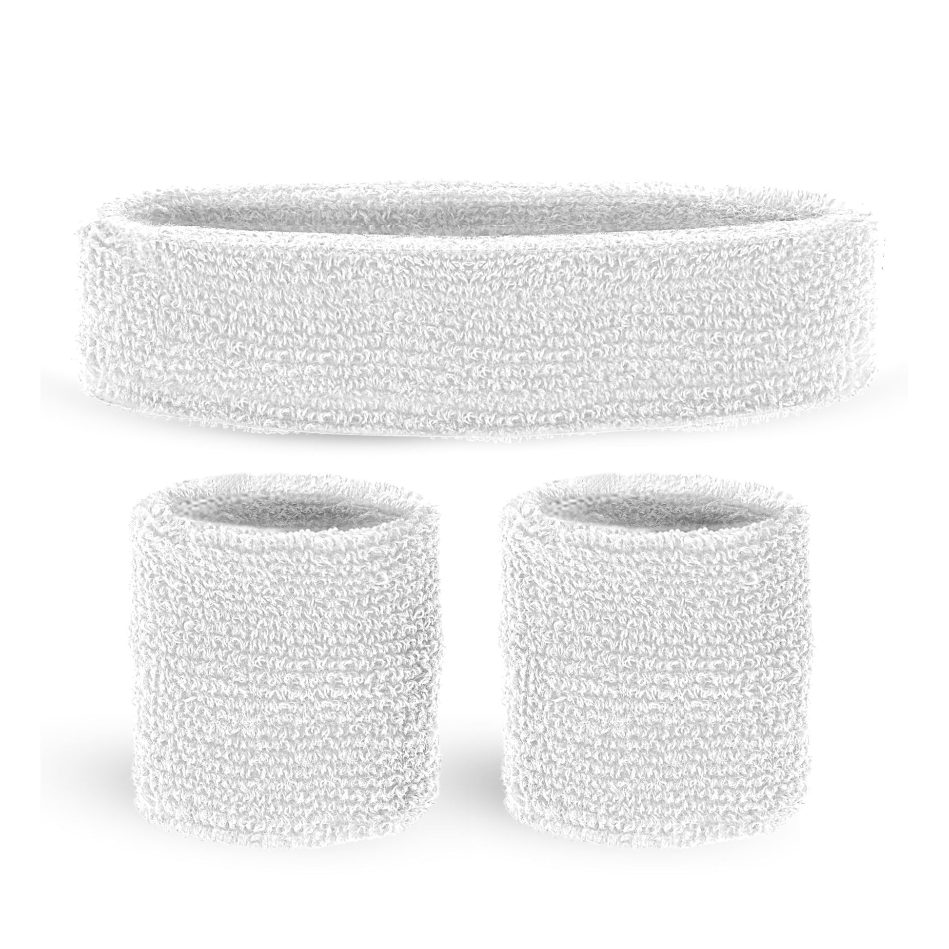 "WEIßE SCHWEIßBÄNDER" (Stirnband und 2 Armbänder) – Vorderansicht