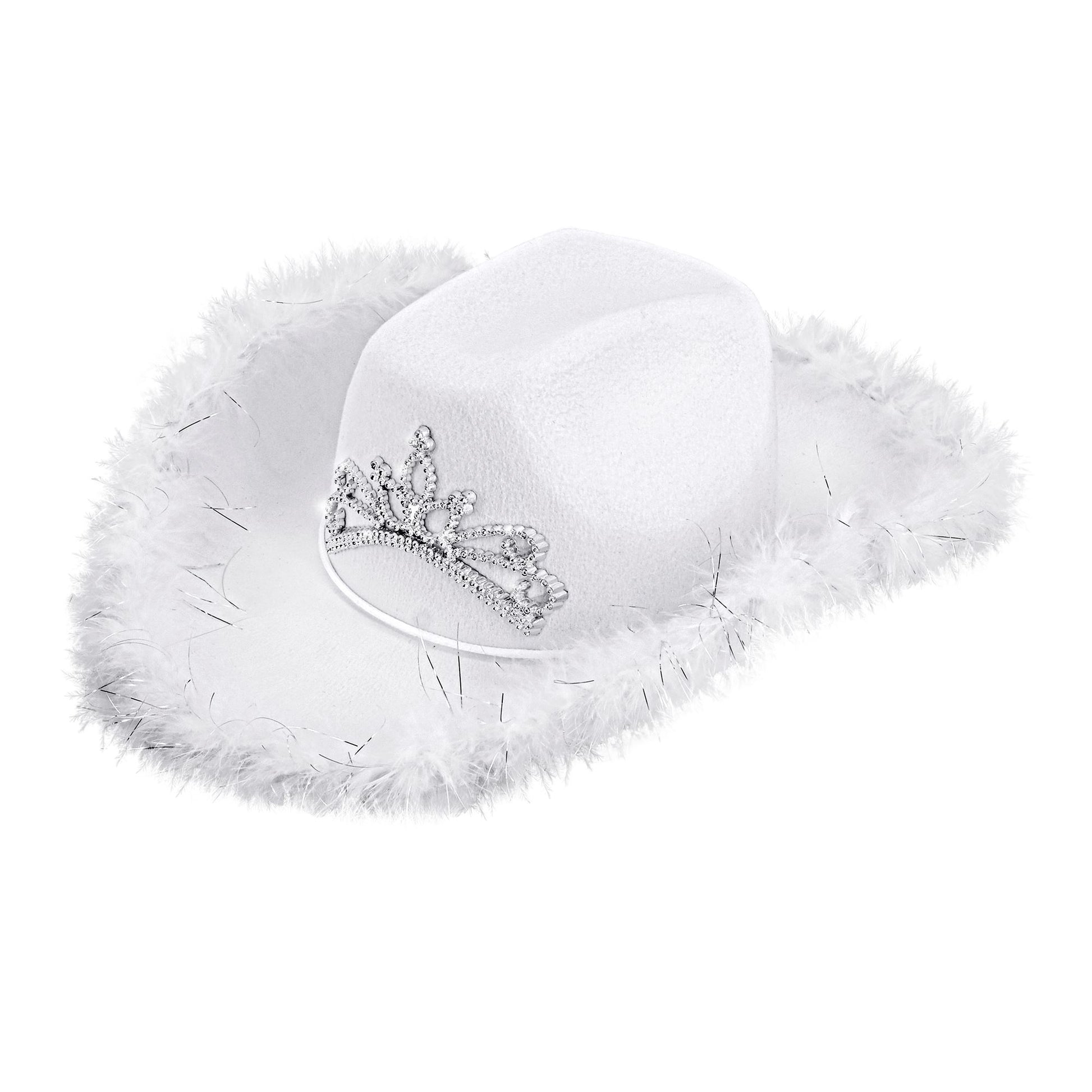 "WEIßER COWGIRL HUT" mit Tiara & Marabu Verzierung mit Lametta Fäden in Silber – Vorderansicht