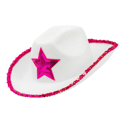 "WEIßER COWGIRL PARTYHUT MIT PINKEM STERN AUS PAILLETTEN" – Vorderansicht