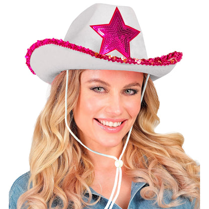 "WEIßER COWGIRL PARTYHUT MIT PINKEM STERN AUS PAILLETTEN" – Ansicht 4