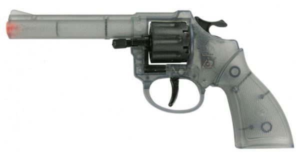 Transparenter 8-Schuss Revolver mit sichtbaren mechanischen Details und seitlichem Zylinder.