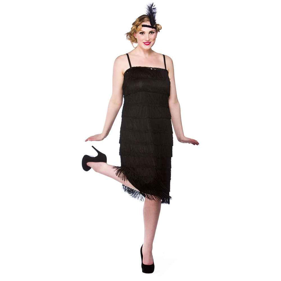 Wicked Costumes Schwarzes Flapper Kleid 1920er mit Feder-Stirnband – Detailansicht