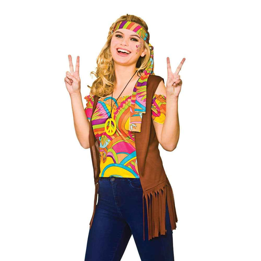 Wicked Costumes Hippie Damenkostüm – Baumwolle Top & Fransenweste - Fasnacht24.ch