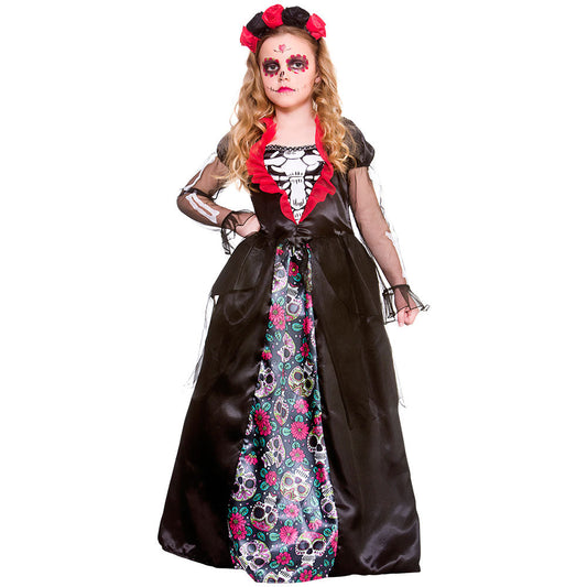 Girl in red and black Day of the Dead costume with skull face paint and flower crown.
