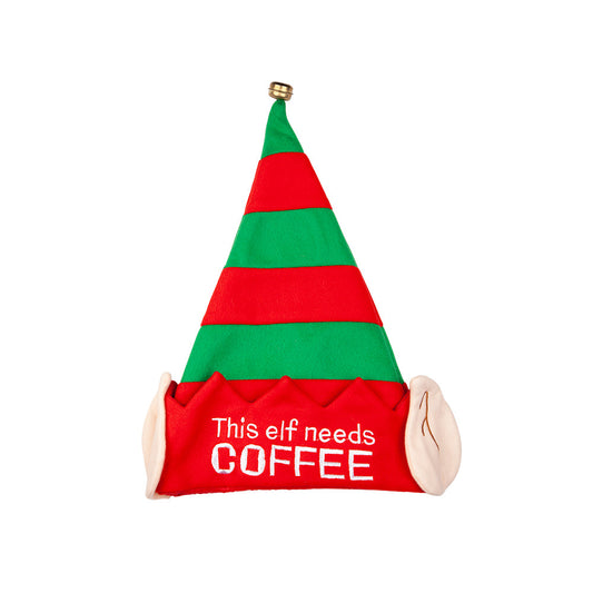 Green and red elf hat with "This elf needs coffee" text and jingle bell.