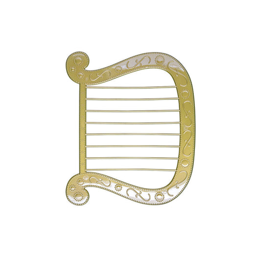 Golden 15-string diatonic Engelsharfe harp with ornate frame.