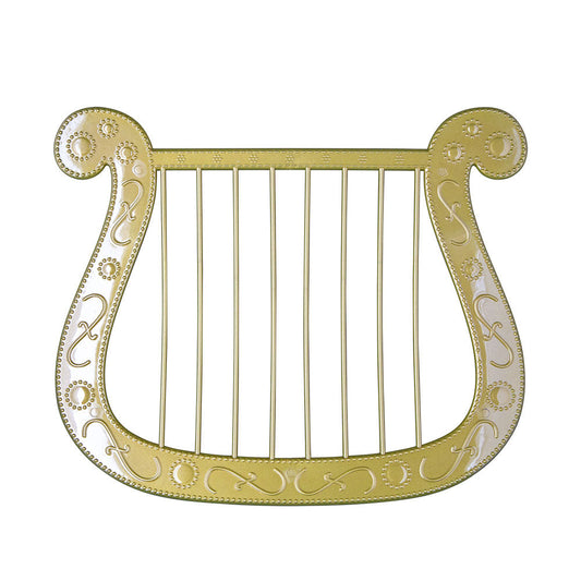 Golden 15-string diatonic Engelsharfe harp with ornate frame.