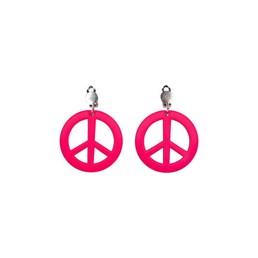 Pair of neon pink UV-reactive peace sign drop earrings with silver hooks.