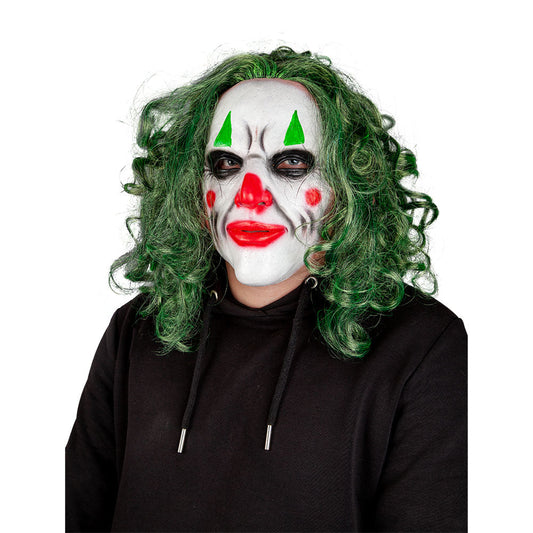 Full-face PVC psycho clown mask with green curly wig, white face paint, red lips, and black accents.