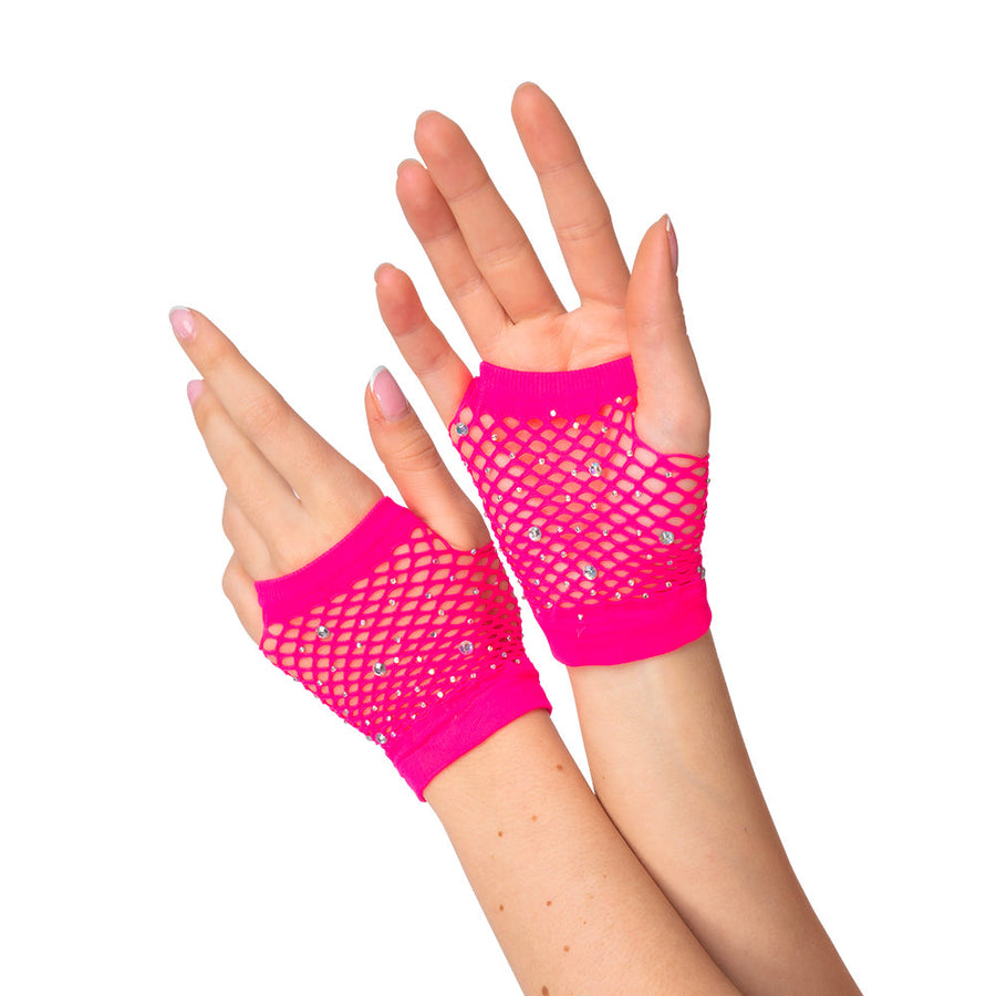 Wicked Costumes Pink Netzhandschuhe mit Hochglanz-Strasssteinen