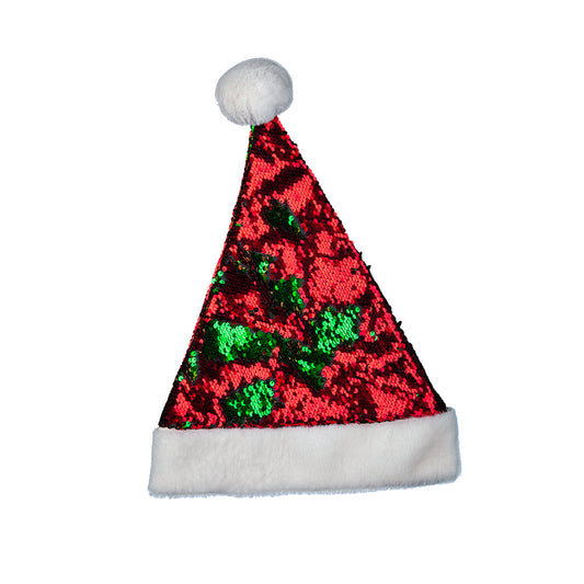Festive sequin Christmas hat with red and green shimmer and white pom-pom.