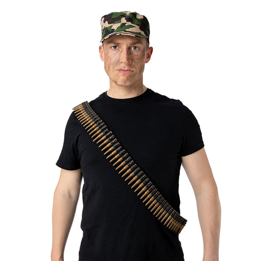 Man wearing a camo cap, black t-shirt, and lightweight resin 96-round bullet belt.