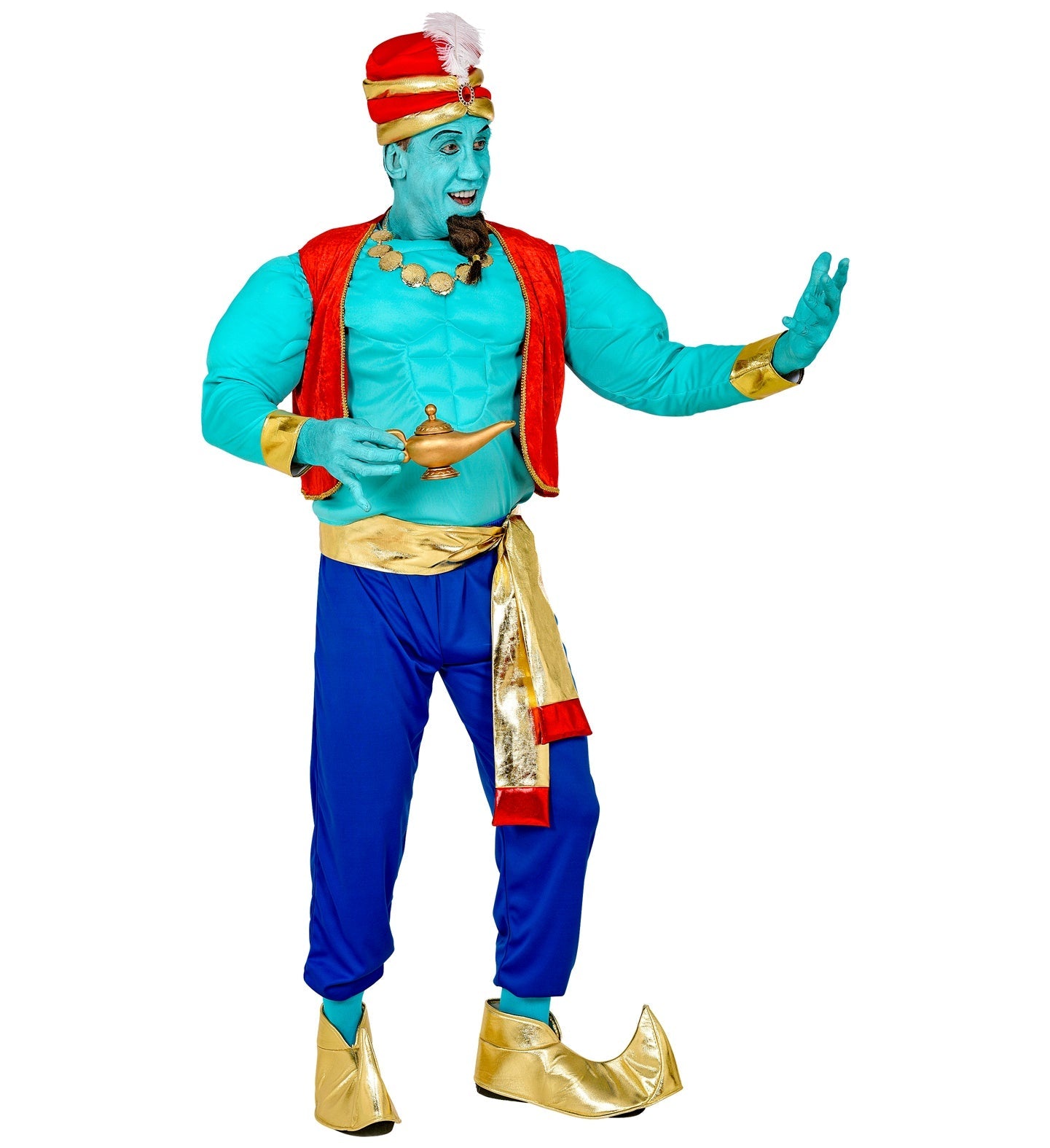 Herren Kostüm in Blau und Gold mit Muskelshirt, Haremshose und goldenem Turban.