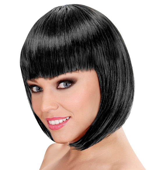 Schwarze Charleston-Perücke im 20er Jahre Stil mit glänzenden Wellen und verstellbarem Band