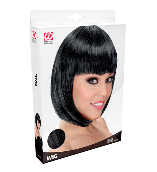 Schwarze Charleston Lou Lou Perücke im 20er Jahre Stil mit glänzenden Wellen.