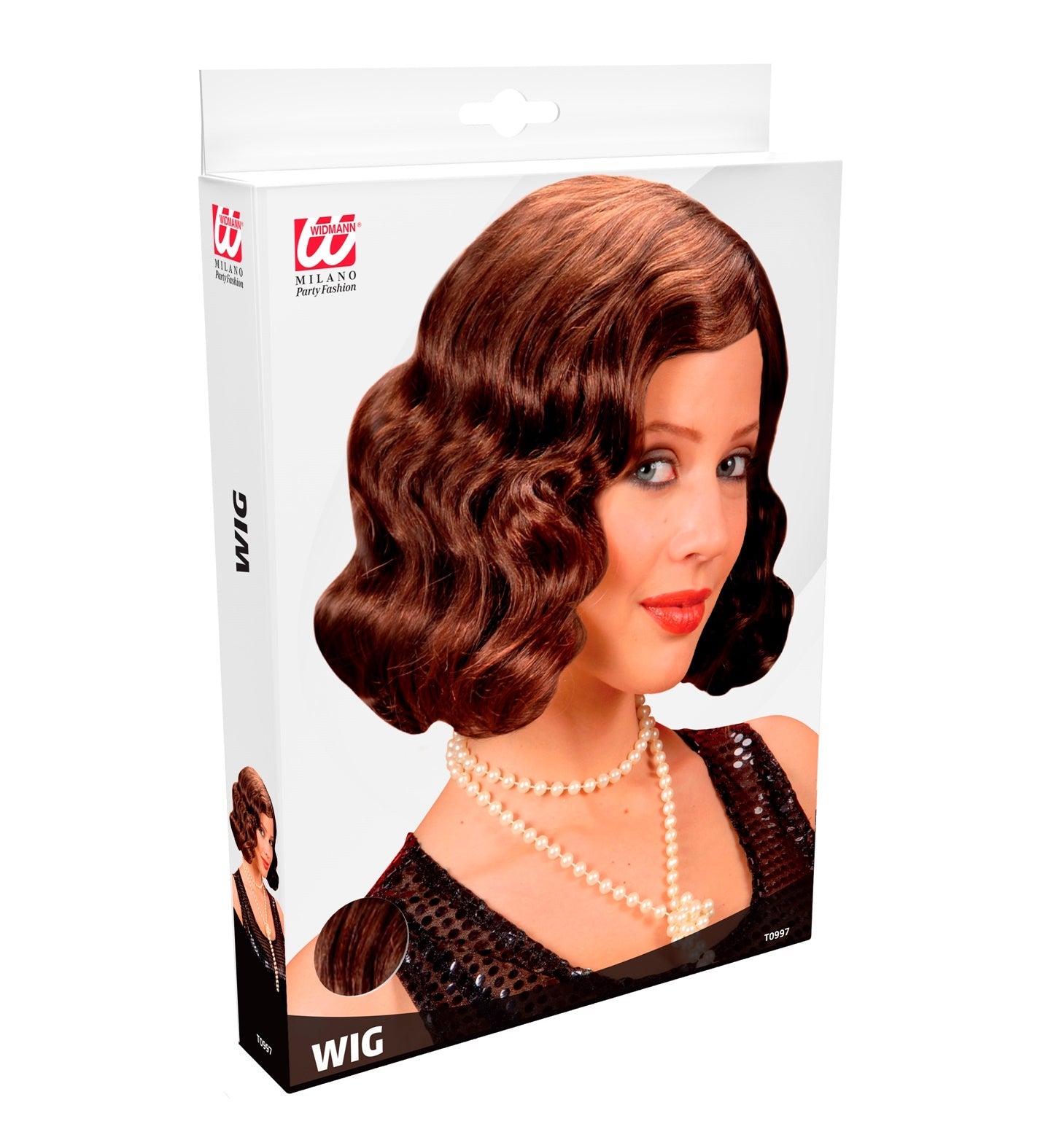 Braune Charleston-Perücke im 20er Jahre Stil mit welligem, glänzendem Haar und elastischem Band