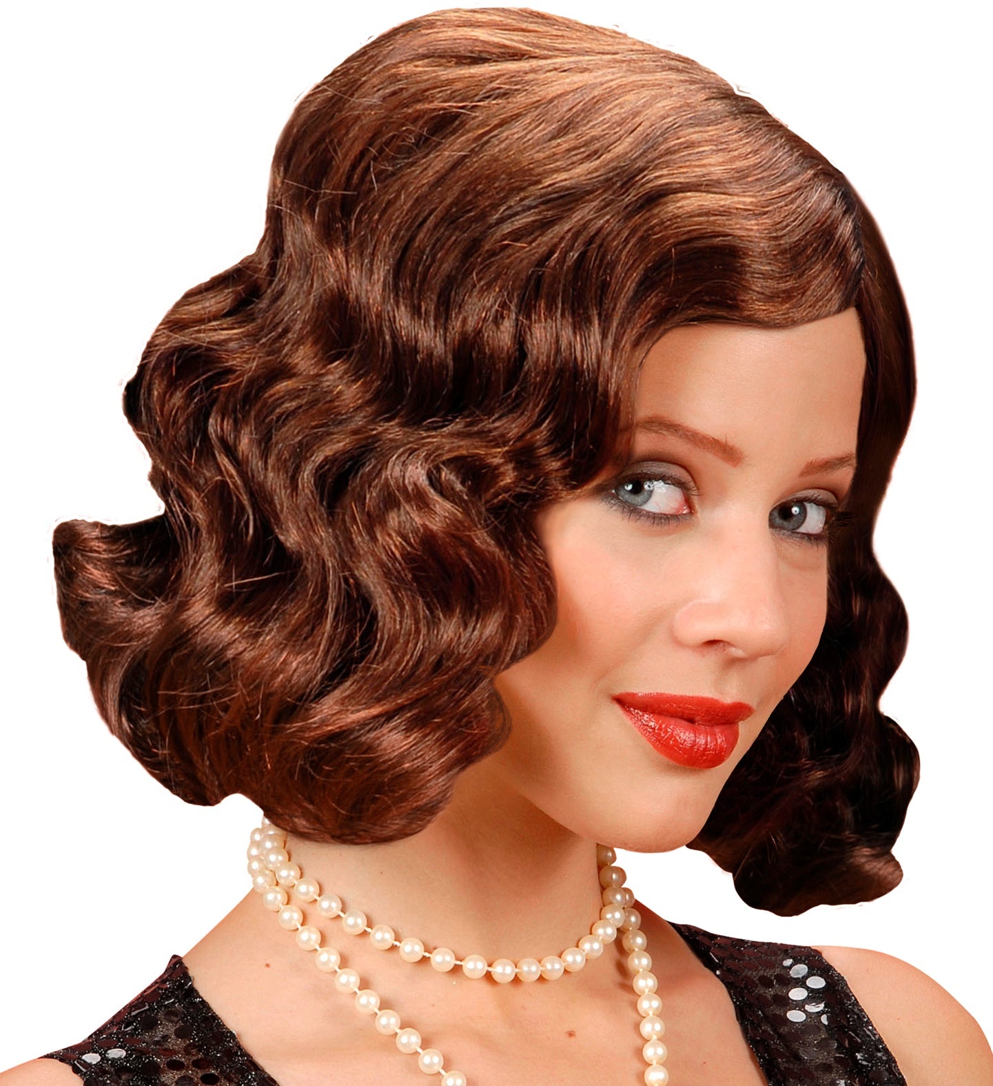 Braune Charleston Perücke im 20er Jahre Stil mit sanften Wellen und elastischem Band.