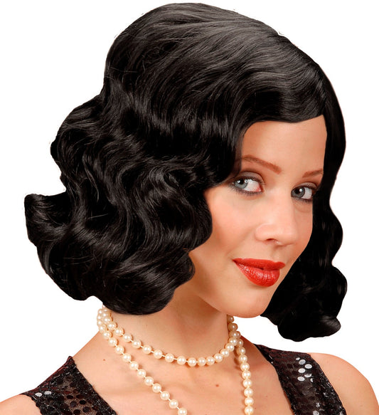 Schwarze, kurz gewellte Perücke im Charleston-Stil für Damen, ideal für Kostümpartys.