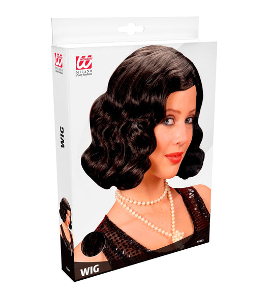 Schwarze, kurz gewellte Damenperücke im 20er Jahre Charleston-Stil, Modell Marleen.