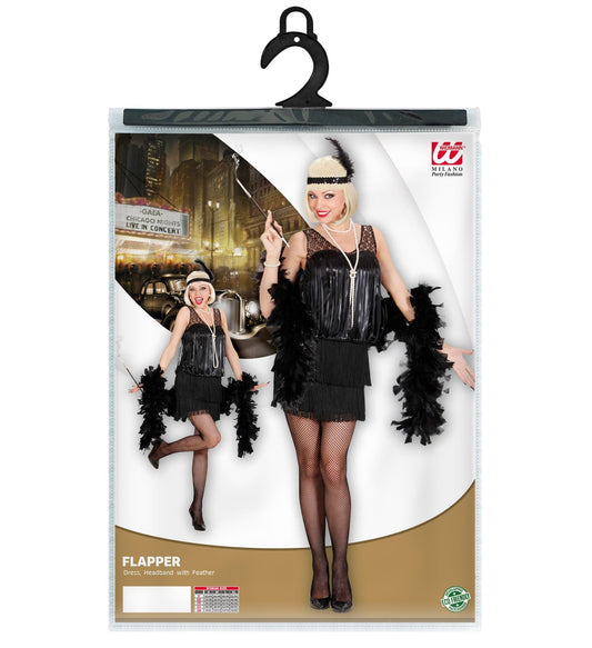 Black flapper costume dress with fringe, feather headband, and hanger on package.