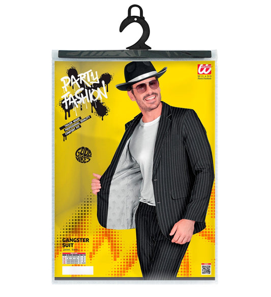 Black pinstripe gangster suit costume on yellow package with man model.