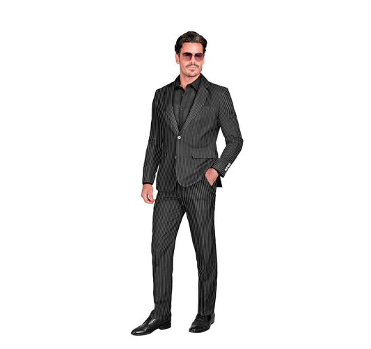 Black pinstripe 4-piece gangster boss suit with jacket, vest, pants, and tie.