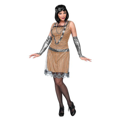 Beige glitter flapper dress with arm warmers and headband on model.