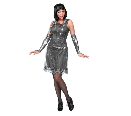 Grey glitter flapper dress with headband and arm cuffs on model.