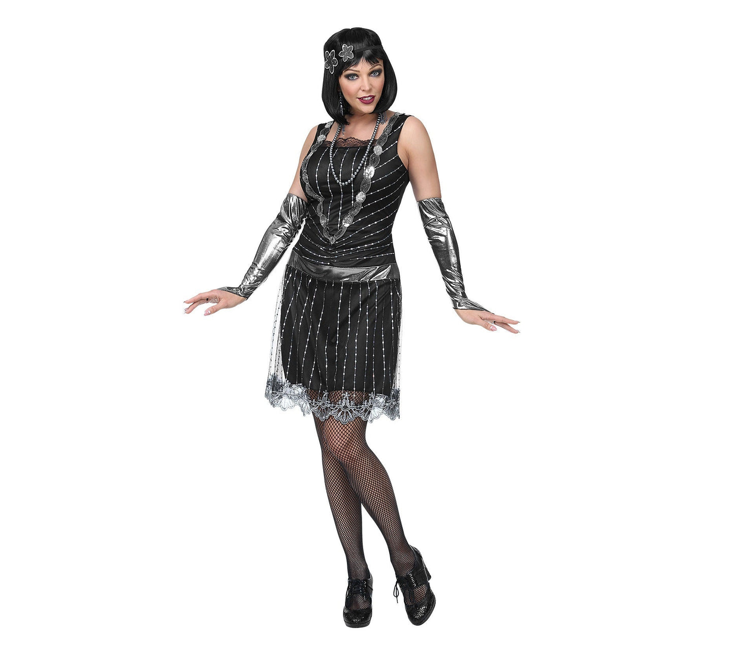 Frau in schwarzem 20er-Jahre Glitzer-Charleston-Kleid mit Armstulpen und Kopfschmuck.