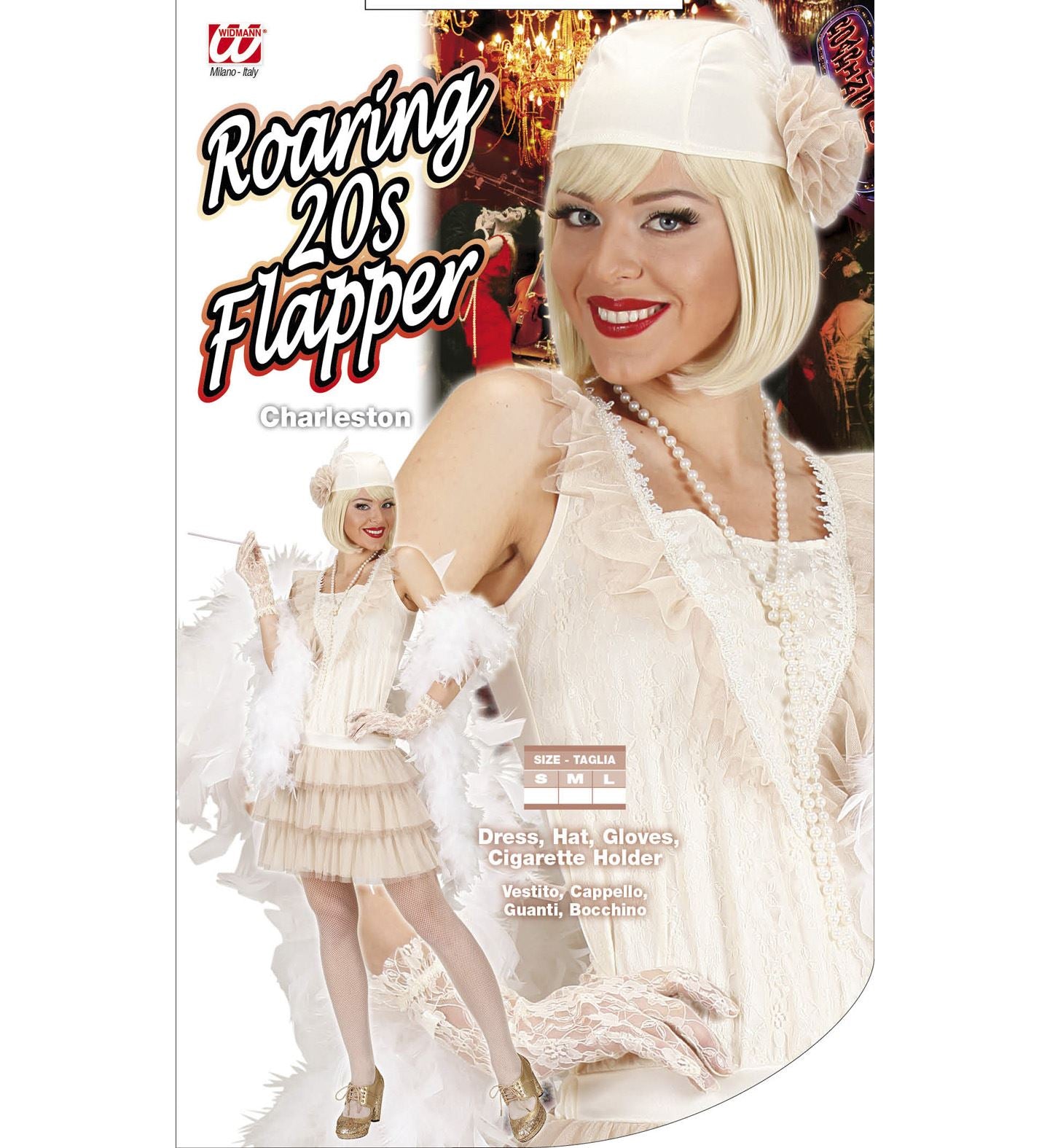 Widmann 1920er Charleston Damenkostüm-Set in Beige-Tüll mit Pailletten, Hut und Handschuhen.