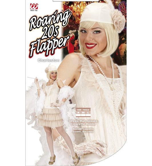 Widmann 1920er Charleston Damenkostüm-Set in Beige-Tüll mit Pailletten, Hut und Handschuhen.