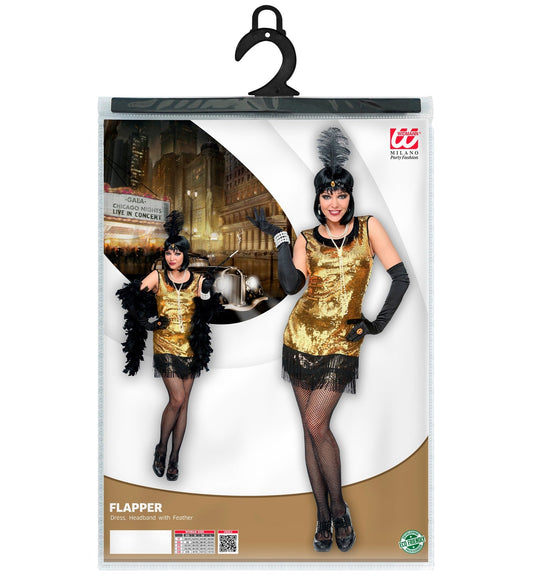Gold and black sequin flapper dress costume with feathered headband on hanger.