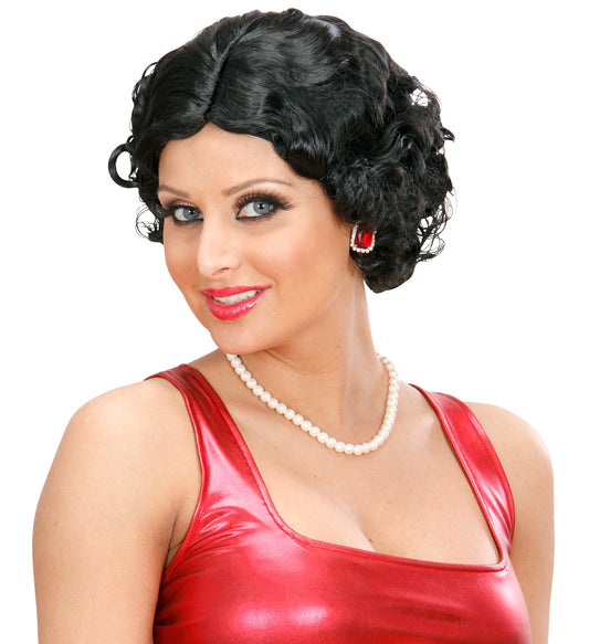 Schwarze 1920er Jahre Betty Bob Perücke mit glänzenden Locken und Perlenhaarband