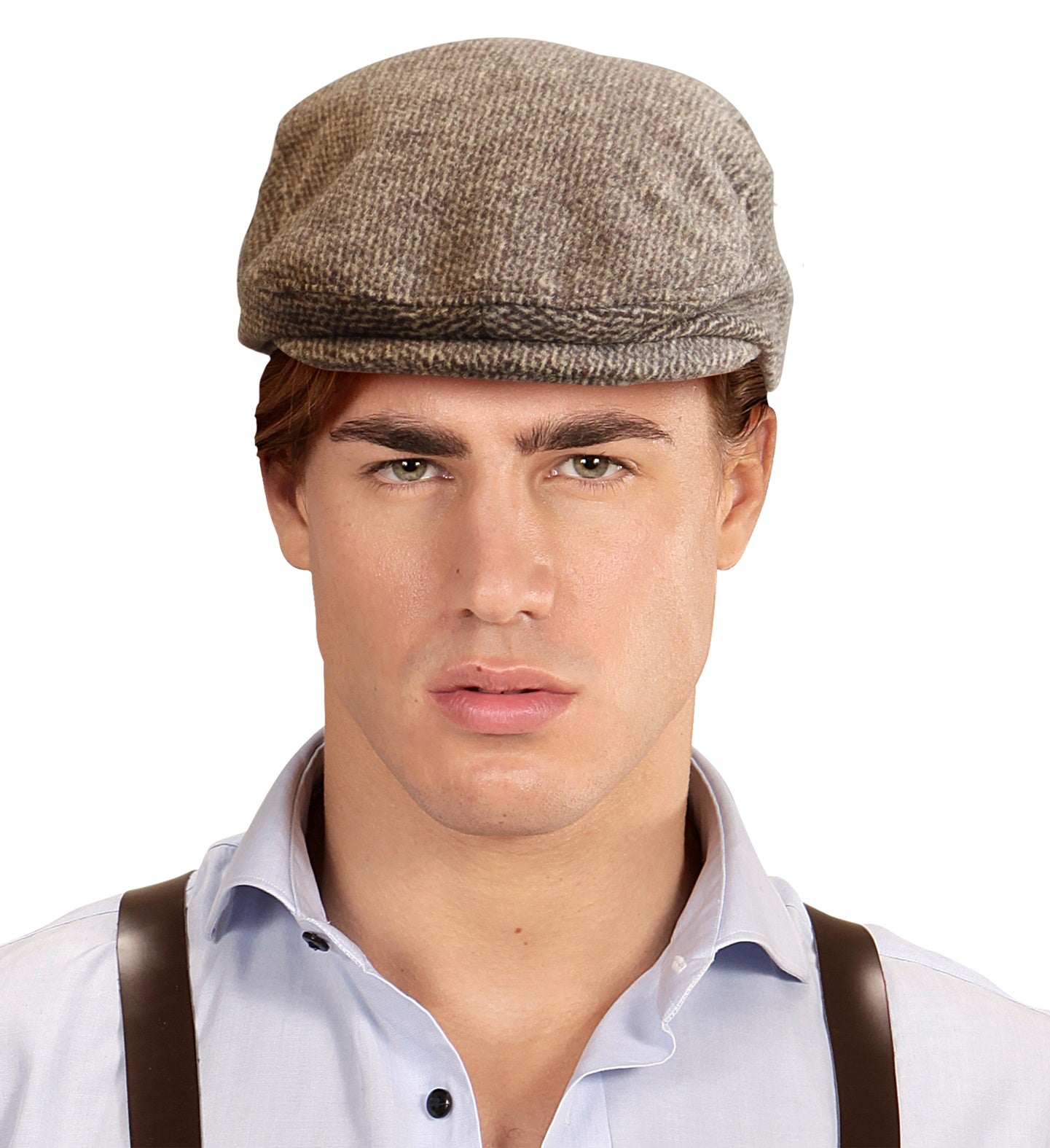 Beige Newsboy Cap im Vintage-Stil mit flachem Schirm und elastischem Bund für Herren.