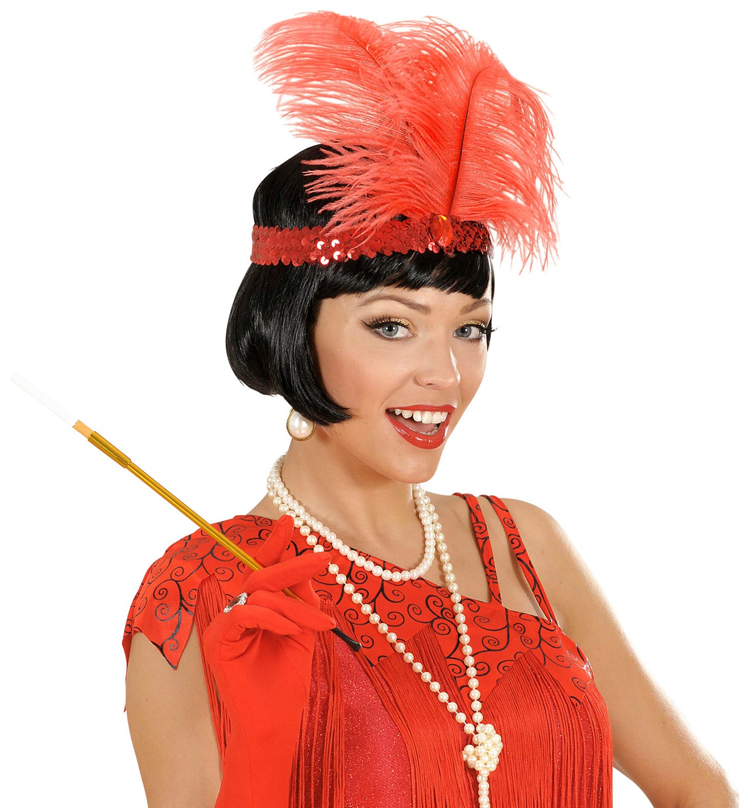 Widmann Rotes 20er Jahre Haarband – Pailletten, Federn & Schmuckstein - Fasnacht24.ch