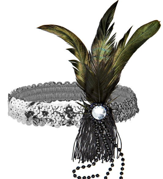 Widmann 1920er Silber Stirnband – Pailletten, Federn & Perlen - Fasnacht24.ch