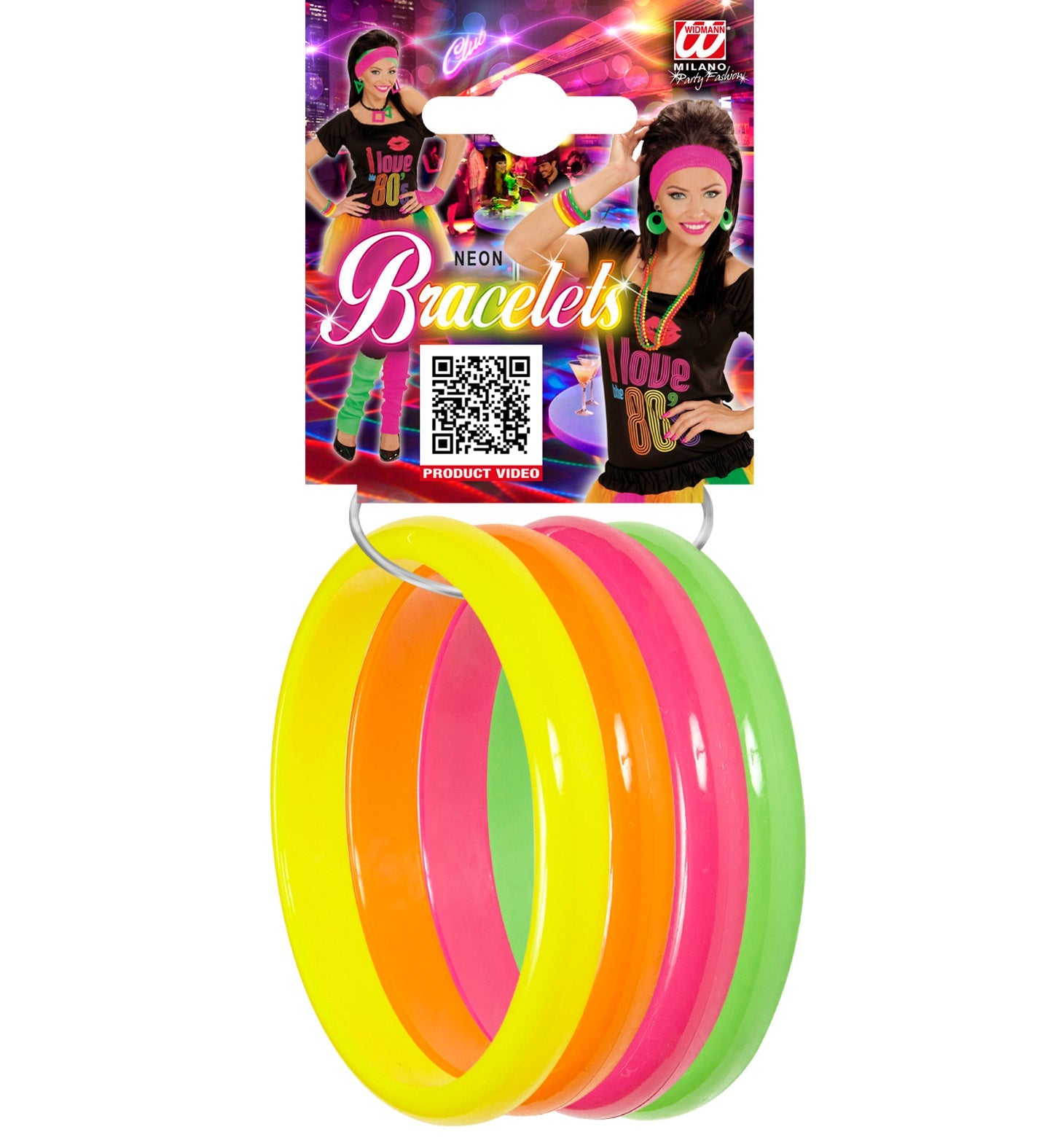 Set von 4 breiten Neon-Armreifen in Gelb, Grün, Orange und Pink für 80er-Partys.