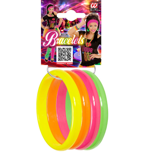 Set von 4 breiten Neon-Armreifen in Gelb, Grün, Orange und Pink für 80er-Partys.
