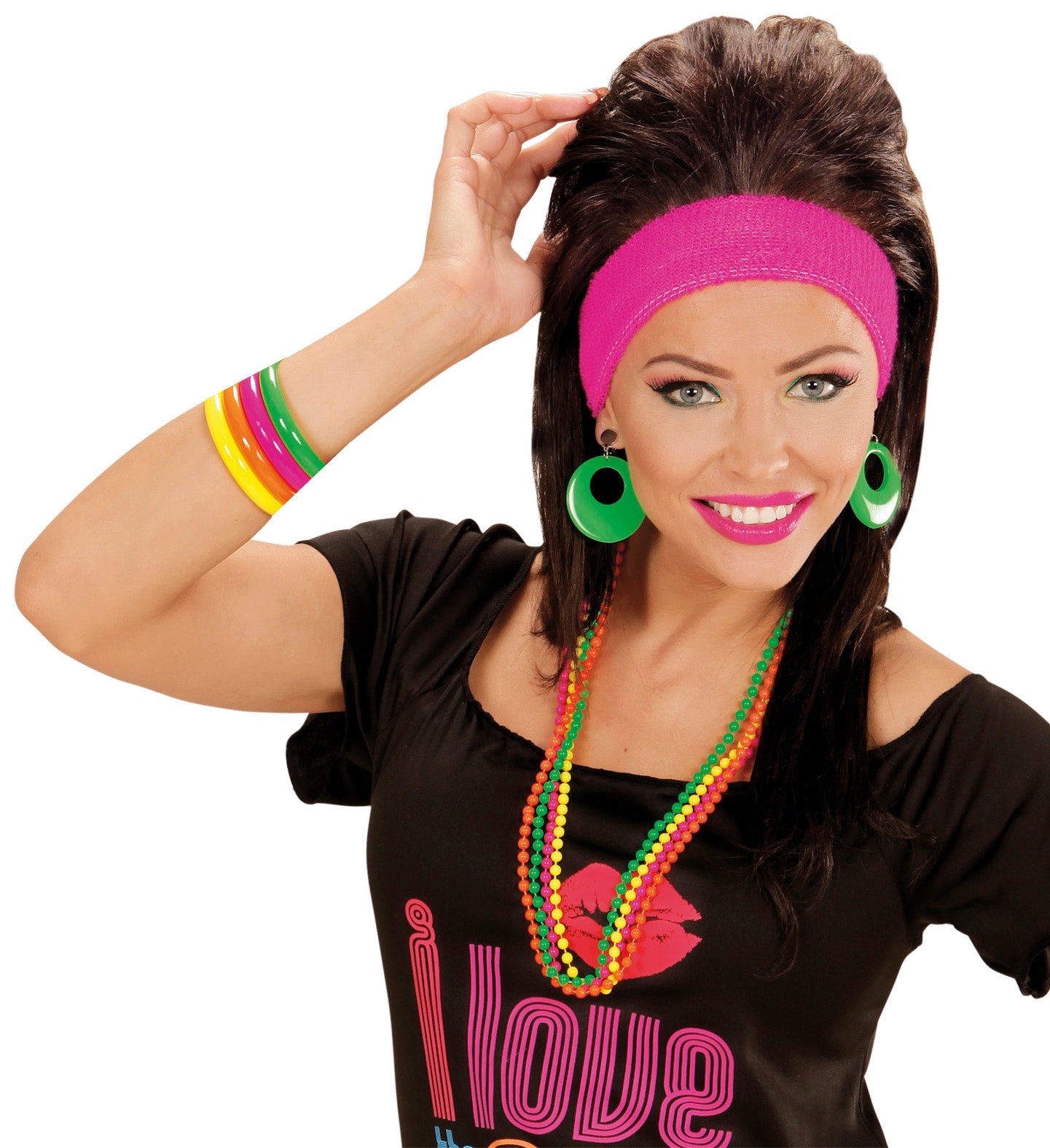 Set von 4 breiten Neon-Armreifen in Gelb, Grün, Orange und Pink für 80er-Partys.