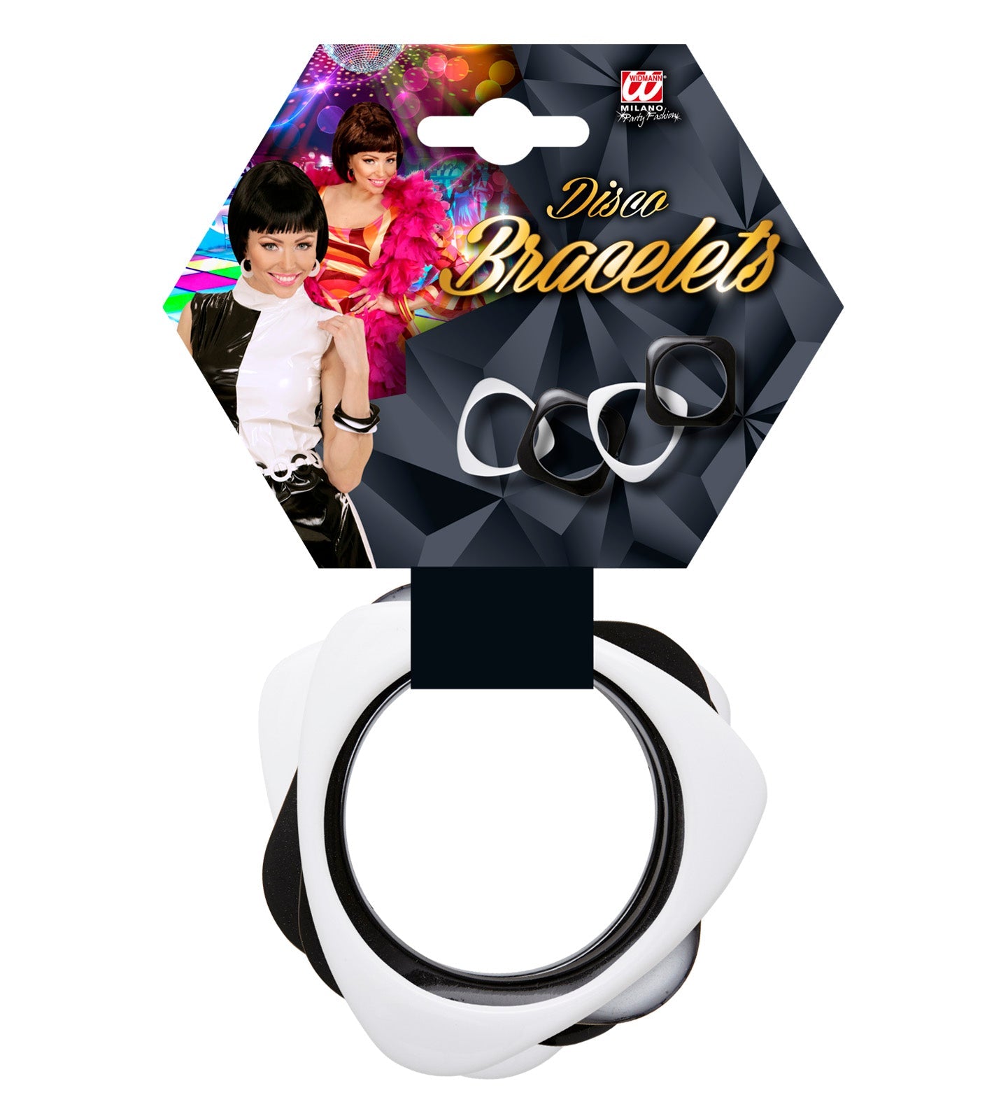 Vier schwarze und weiße Disko-Armbänder im Set für Partys und Festivals.
