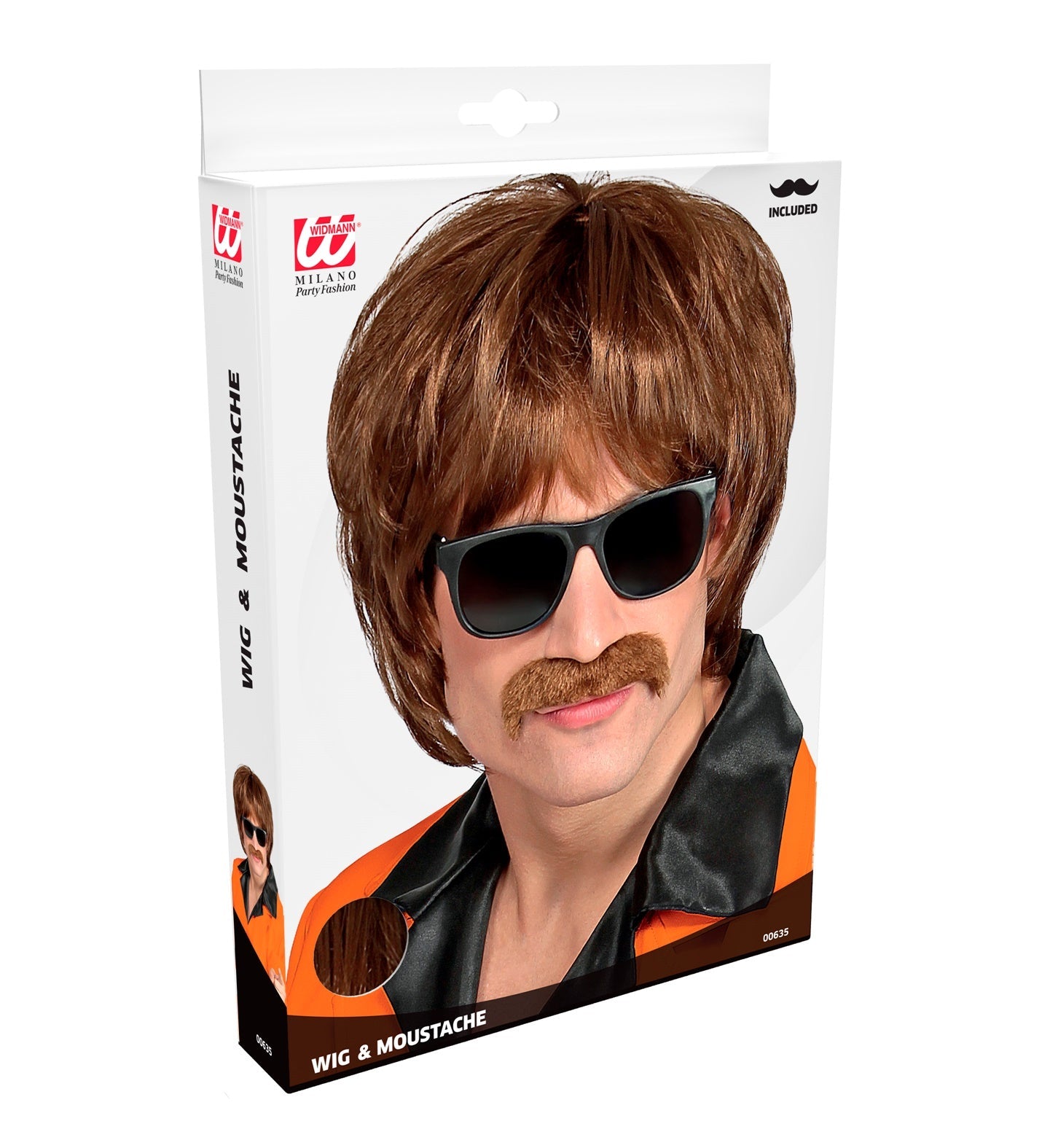 Braune Herren Pilzkopfperücke mit abnehmbarem Bart im 60er Jahre Stil.