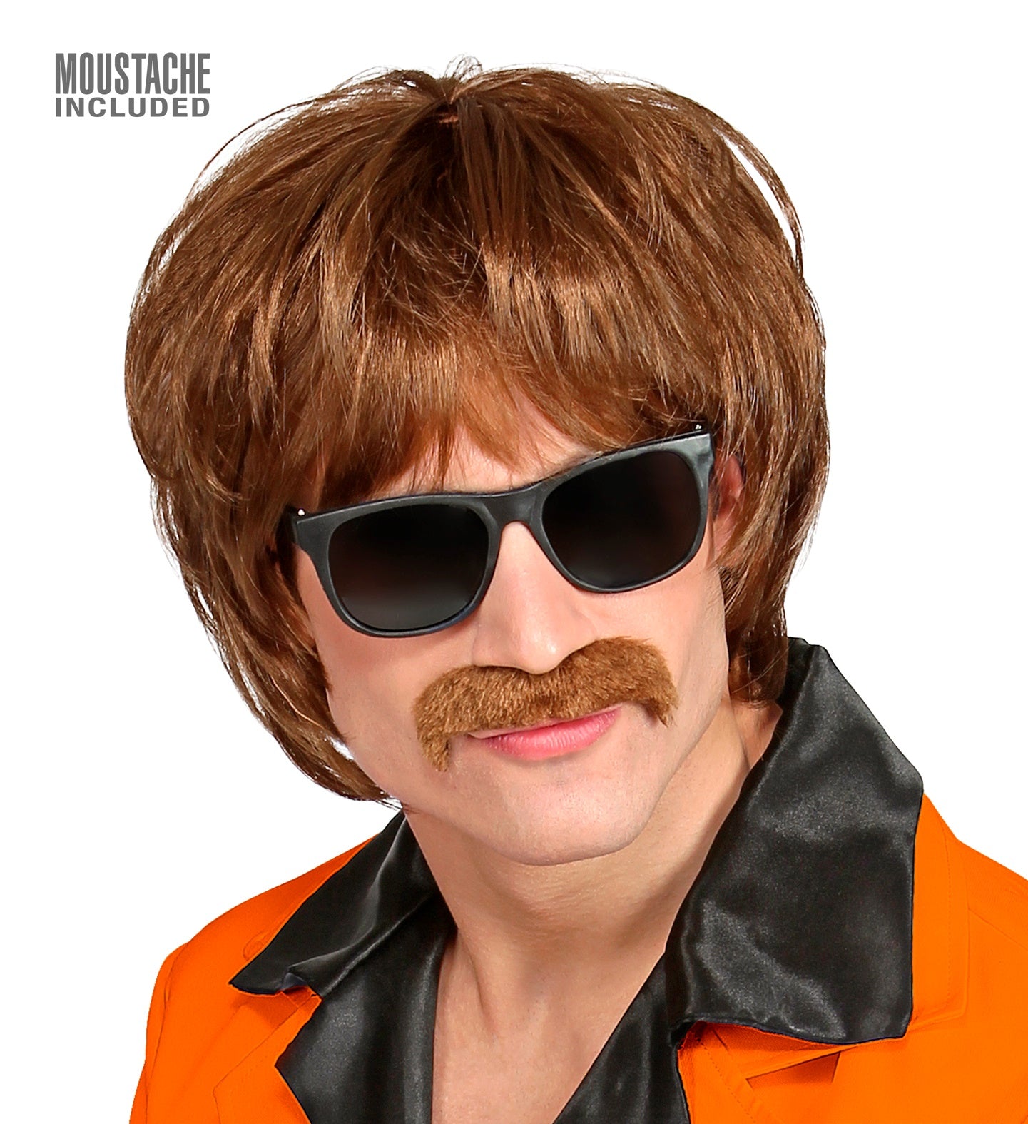 Braune Herren Pilzkopf Perücke im 60er Jahre Stil mit abnehmbarem Vollbart