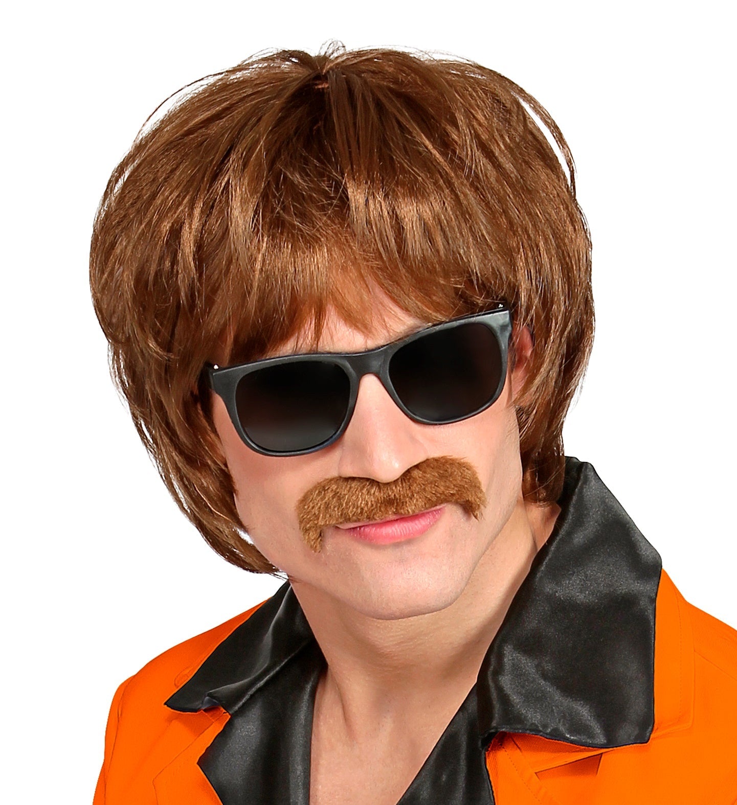 Braune Herren-Perücke im 60er Jahre Pilzkopf-Stil mit passendem abnehmbarem Bart