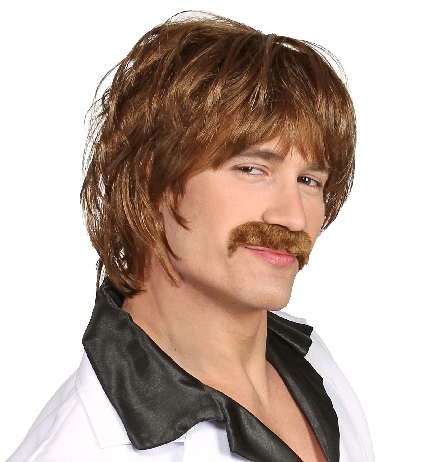 Braune Herren Pilzkopfperücke mit abnehmbarem Bart im 60er Jahre Stil.