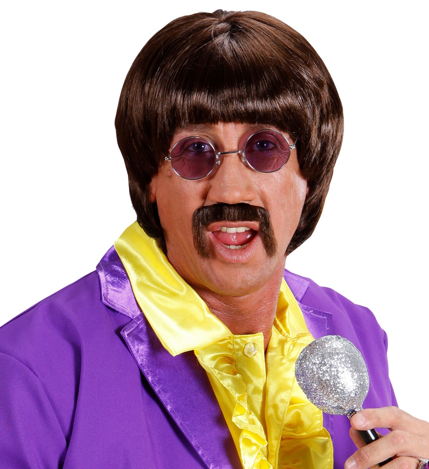 Braune 60er Jahre Musiker-Perücke mit Schnurrbart und Retro-Brille von Widmann