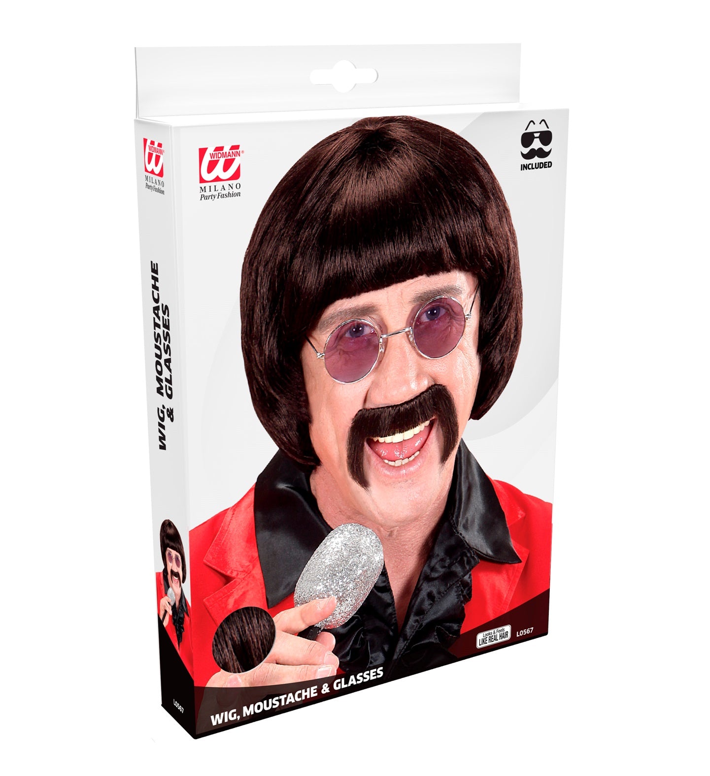 Braune 60er Jahre Musikerperücke mit Brille und Schnurrbart im Set.