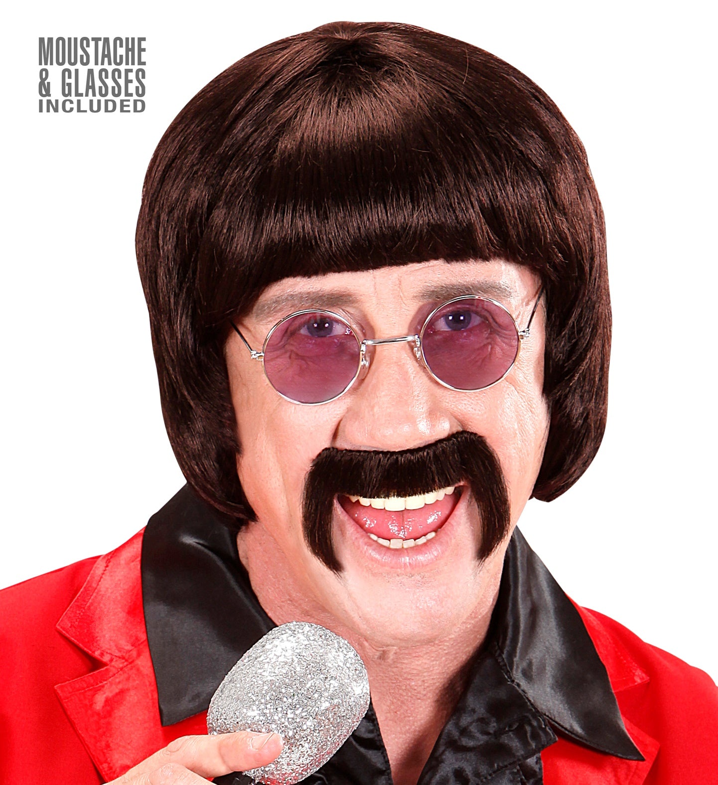 Braune 60er Jahre Musikerperücke mit braunem Schnurrbart und Retro-Brille von Widmann