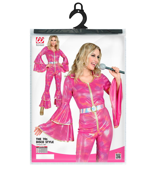 Hot pink neon 70s Abba disco costume with flared jumpsuit on hanger.