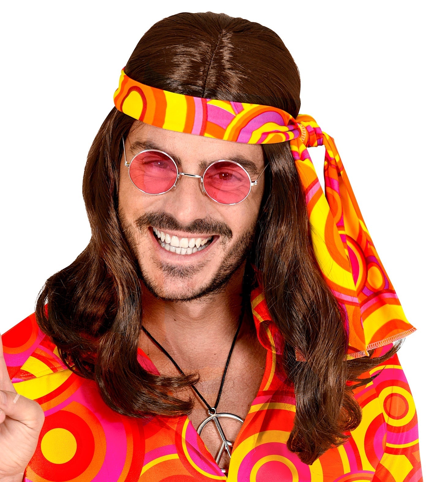 Braune 70er Jahre Disco-Perücke mit vollem Haar und elastischem Stirnband unisex getragen